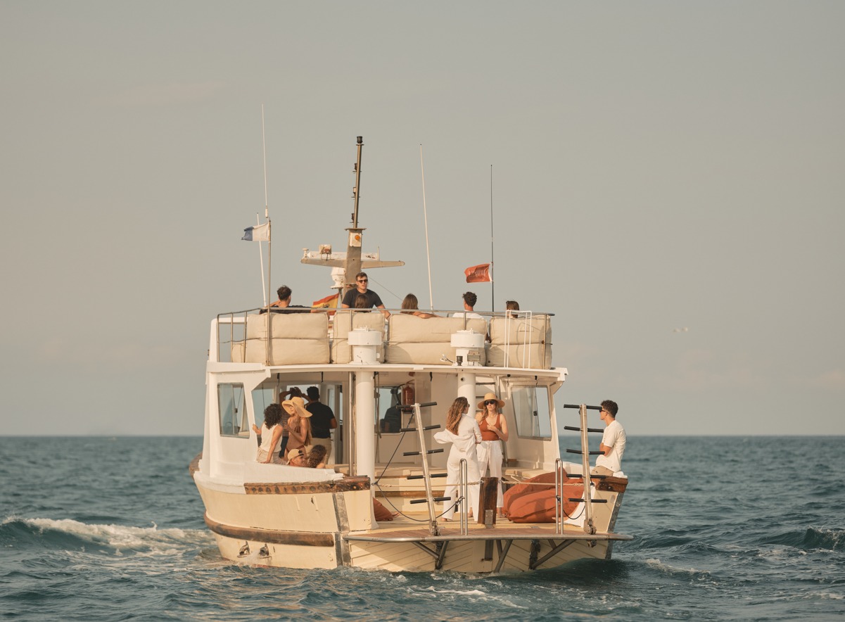 Grupo disfrutando a bordo del barco clásico