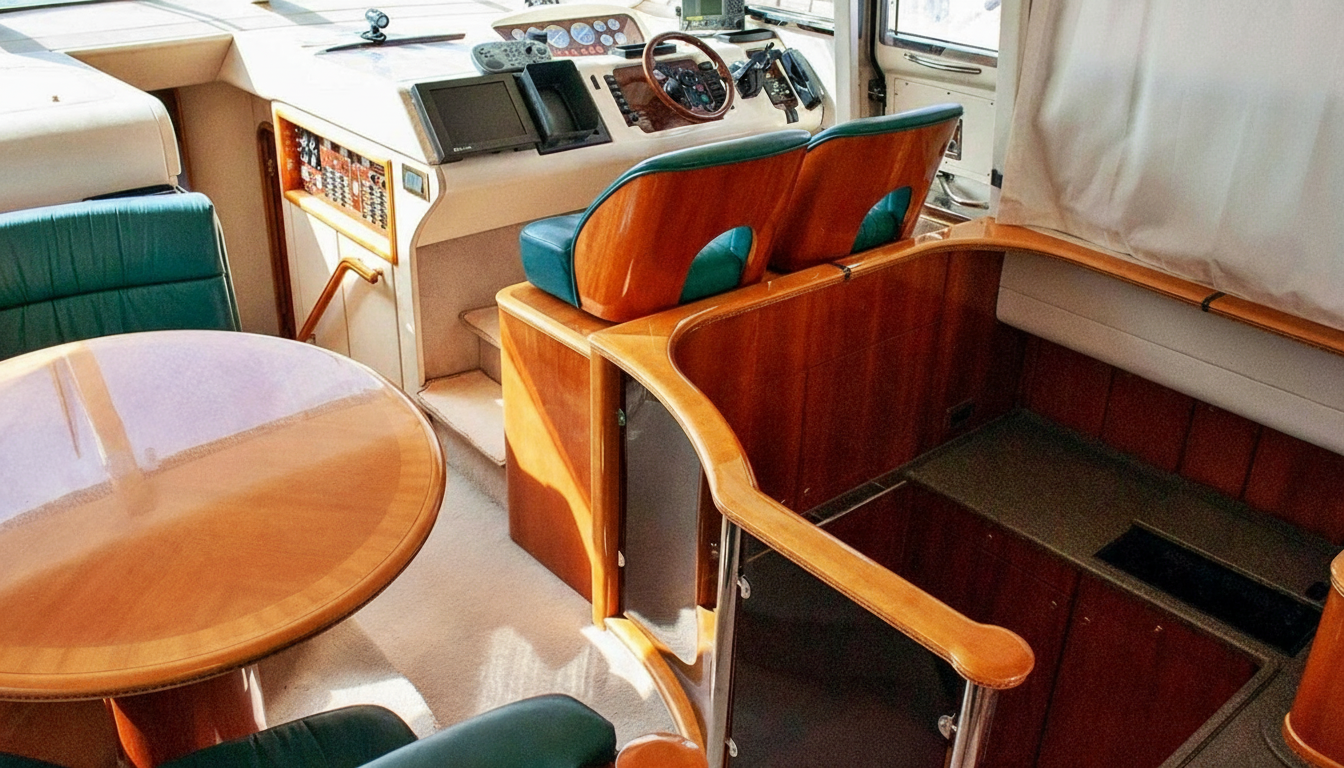 Cabina de mando del yate con panel de instrumentos