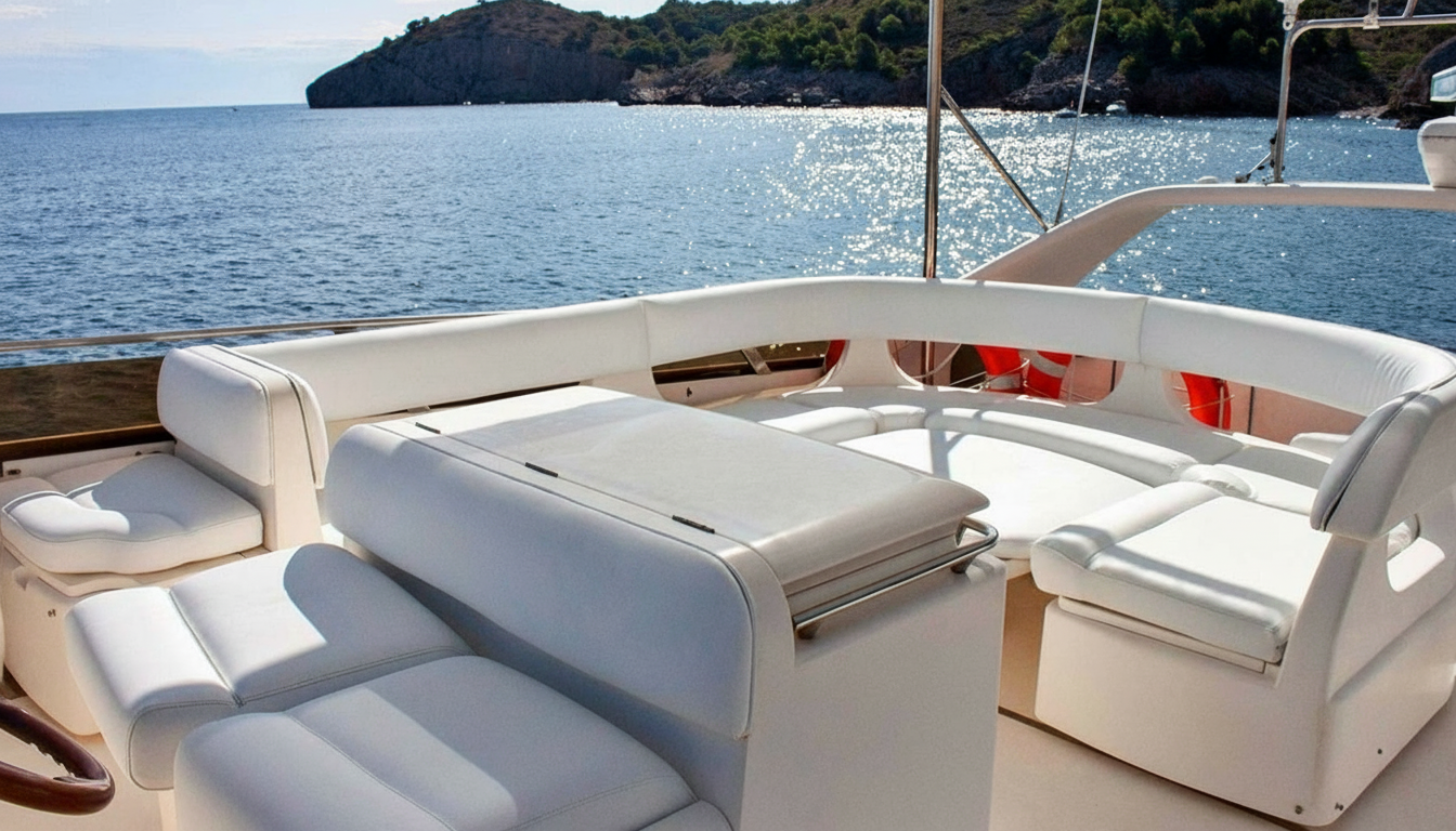 Flybridge del yate con asientos blancos y vistas al mar