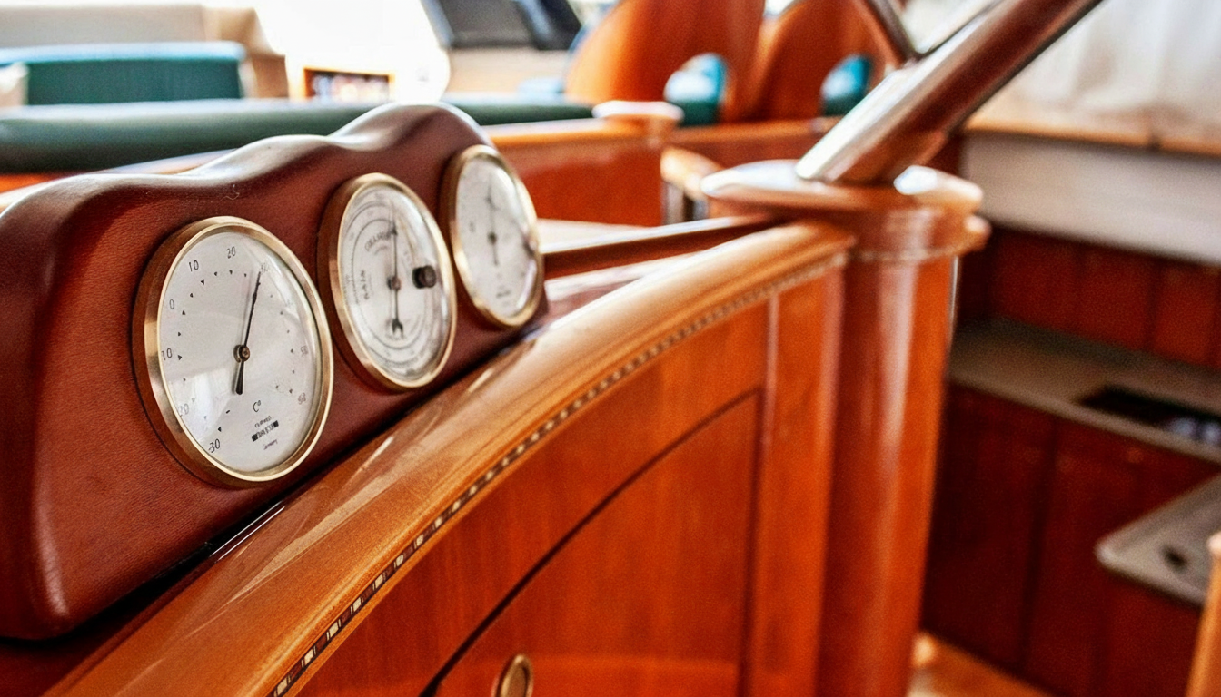 Detalle de instrumentos náuticos de madera noble del yate