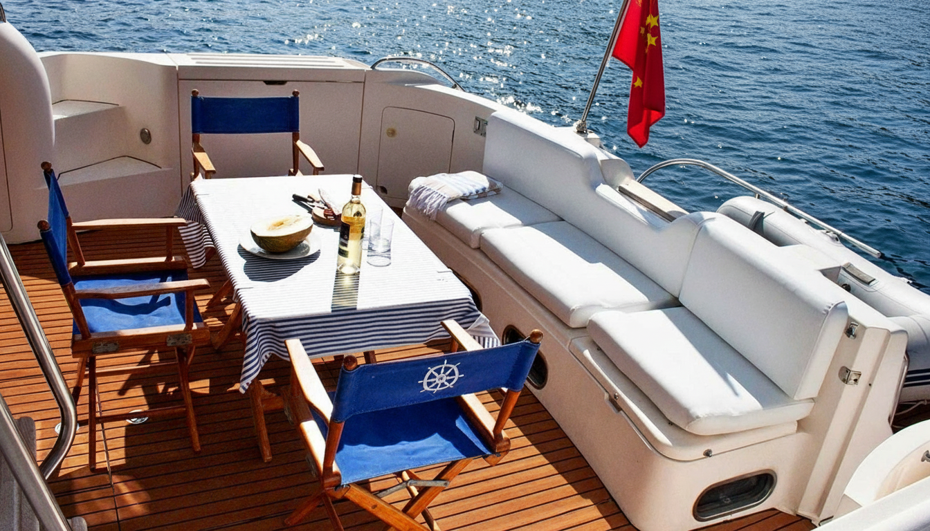Terraza exterior del yate con mesa y sillas de director